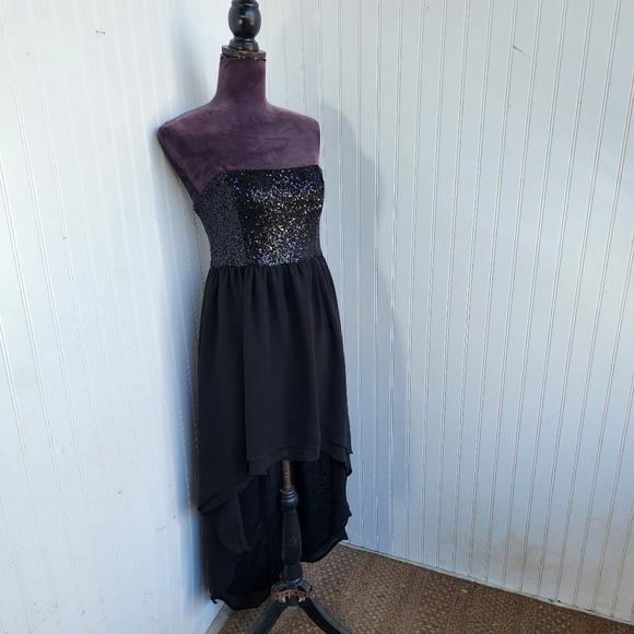 Forever 21 Dress Black Strapless Sequins  Hi Low Women Party Shiffon Size Small - Picture 2 of 15